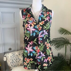 Vintage Y2K Tramp Tropical Black Floral Blouse With Open Back Detail S